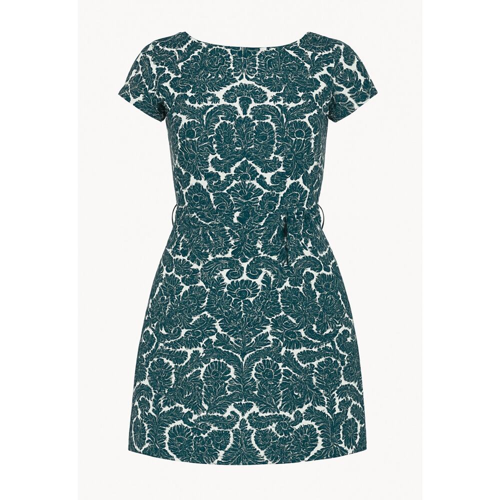 Women’s Small Damask Print Dress Green White Short Sleeve Waist Tie Back Zip